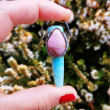 Load image into Gallery viewer, Indonesian Petrified Wood Opal wand with Rhodonite necklace