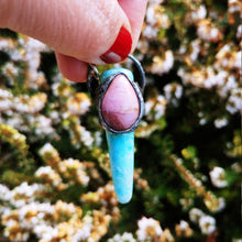 Load image into Gallery viewer, Indonesian Petrified Wood Opal wand with Rhodonite necklace